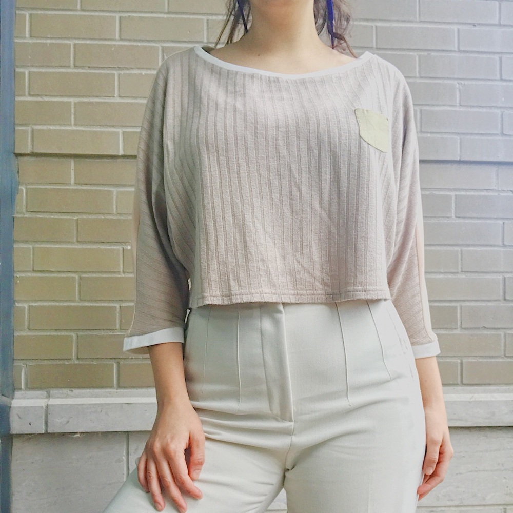 Unique Tan Knit and Chiffon Bat-wing Crop Blouse